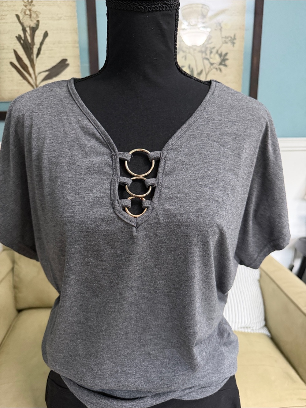 Charcoal Gray Short Sleeve V-Neck Tee with Gold Ring Detail